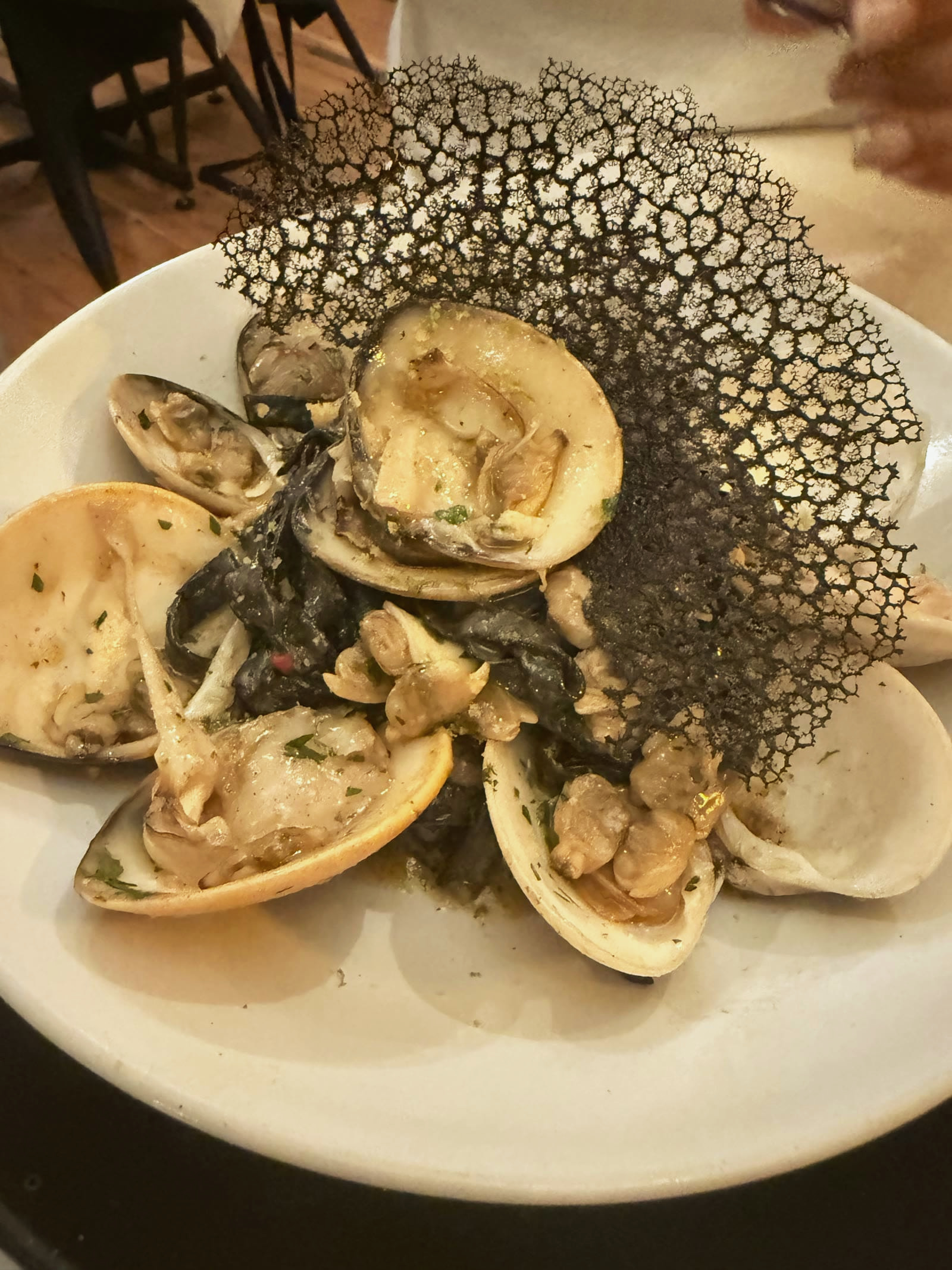Clams with a parmesan tuile