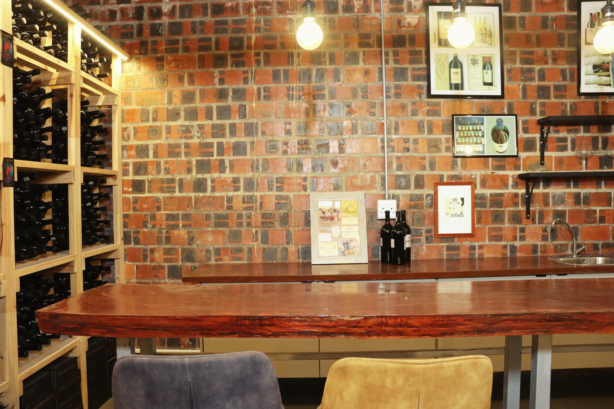 The tasting bar in the cellar: a long wooden counter against a brick wall, lit by hanging bulbs, with wine racks to one side