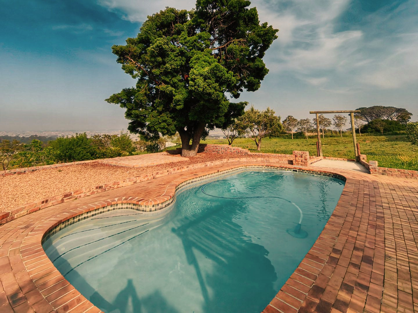 The pool beneath the milkwood tree, with the bay beyond