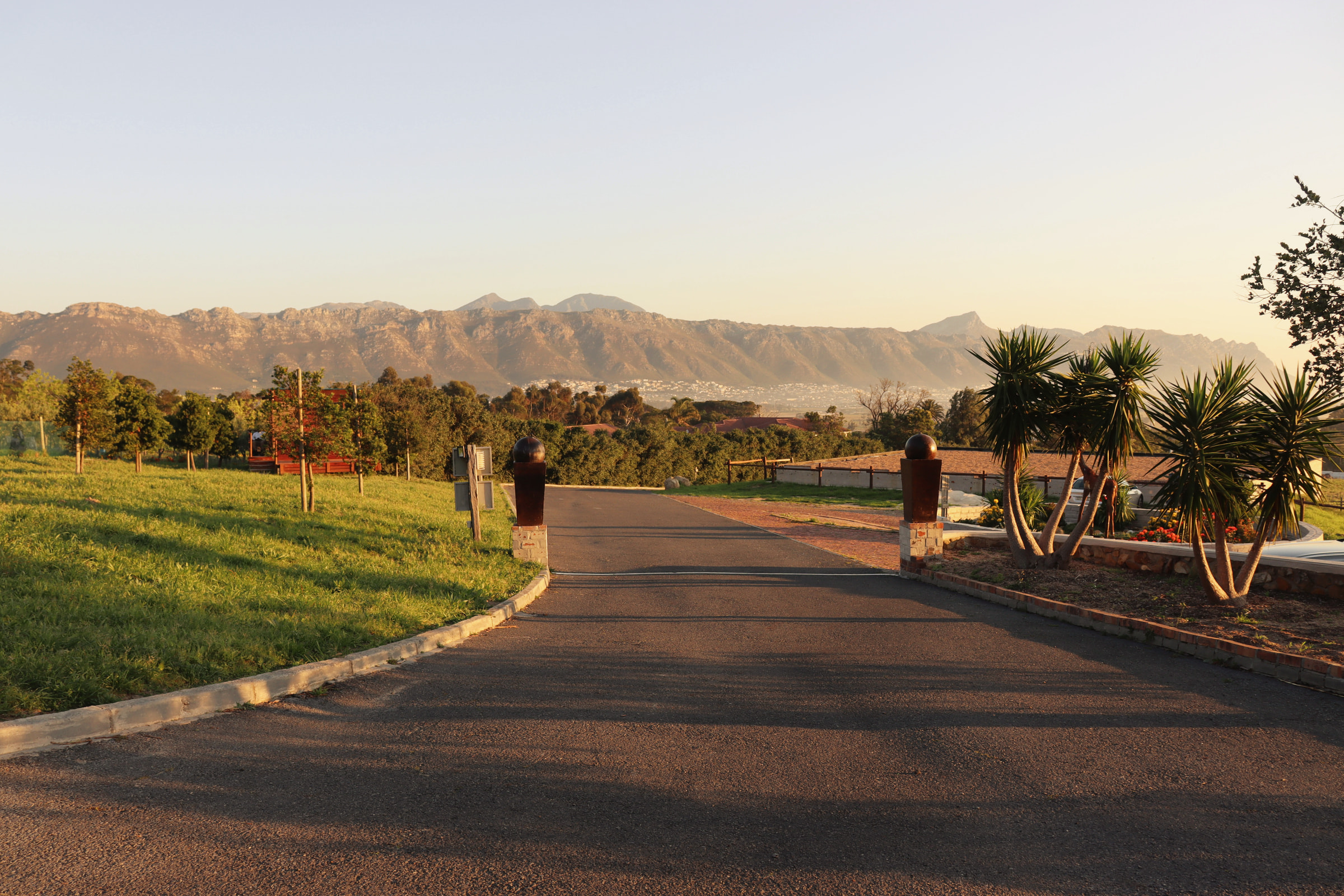The estate drive at golden hour, with the mountains behind