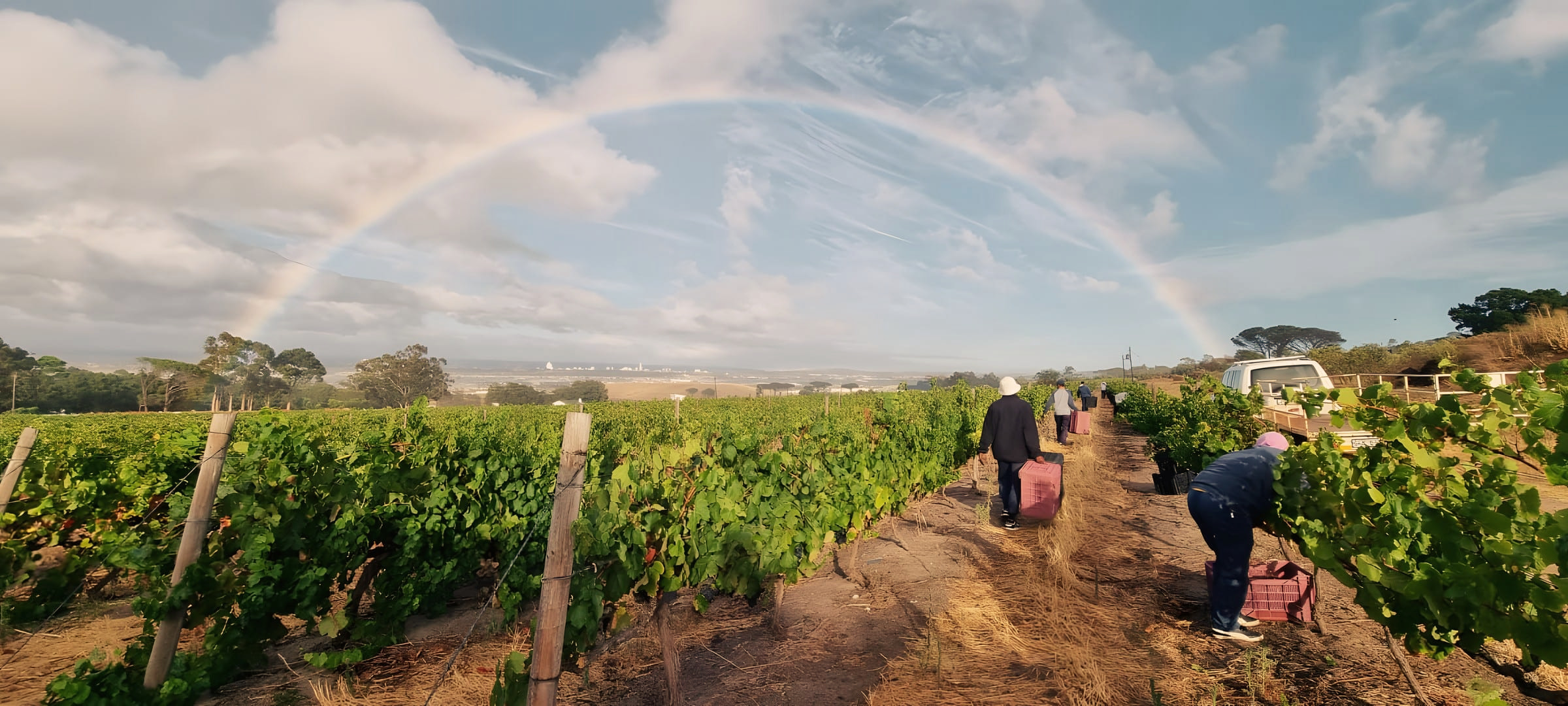 Harvest in the vineyard under a rainbow
